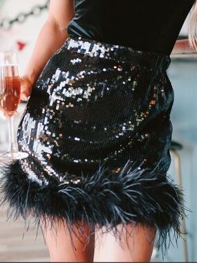 12th Tribe Black Sequin Mini Skirt with Feather Trim - Size S